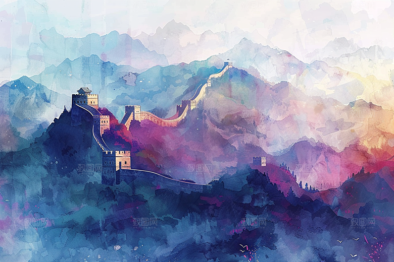 水墨长城渐变风光艺术插画