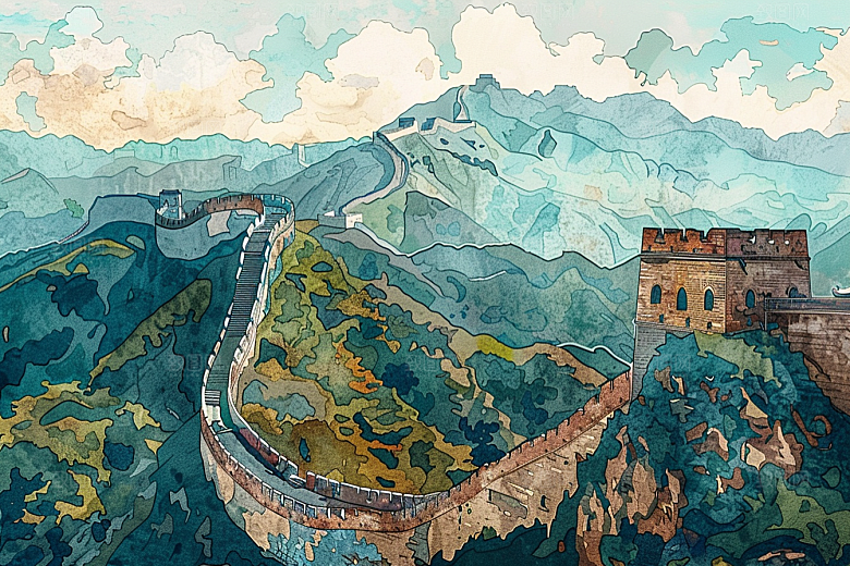 水墨长城景点传统艺术插画