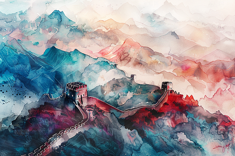 水墨长城风景壮阔艺术插画