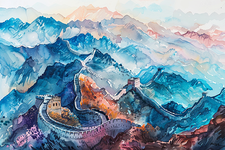 水墨长城壮阔八达岭艺术插画