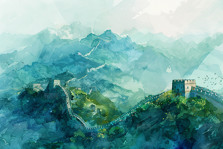 水墨长城晕染渐变艺术插画