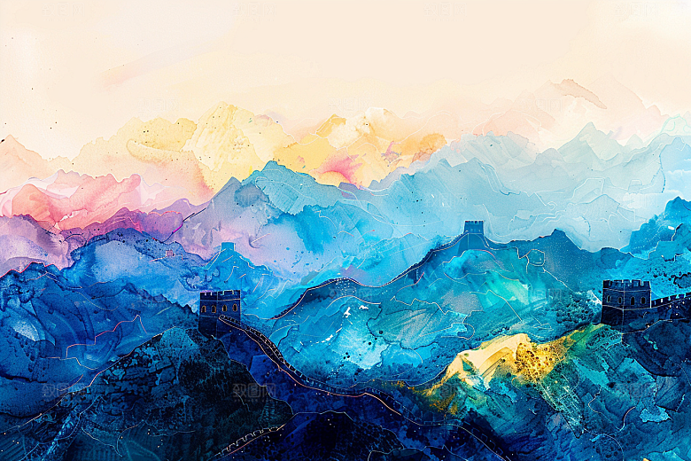 水墨长城渐变传统艺术插画