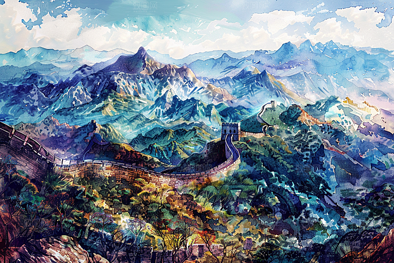水墨长城八达岭高清艺术插画