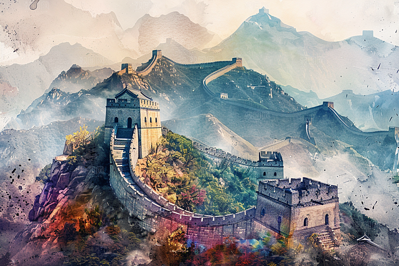 水墨长城八达岭中国风艺术插画