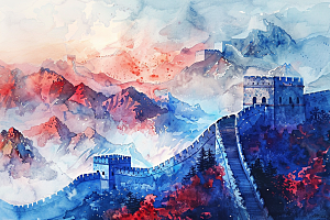 水墨长城八达岭景点艺术插画