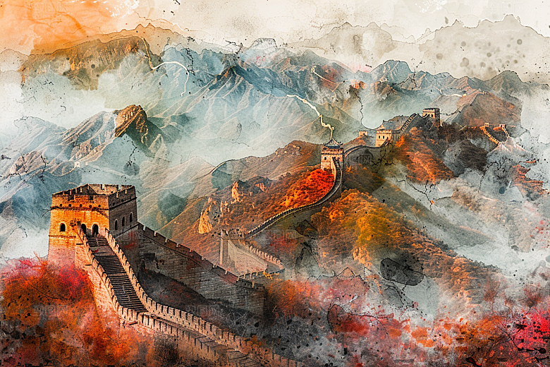 水墨长城风景中国风艺术插画