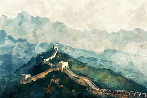 水墨长城风景中国风艺术插画