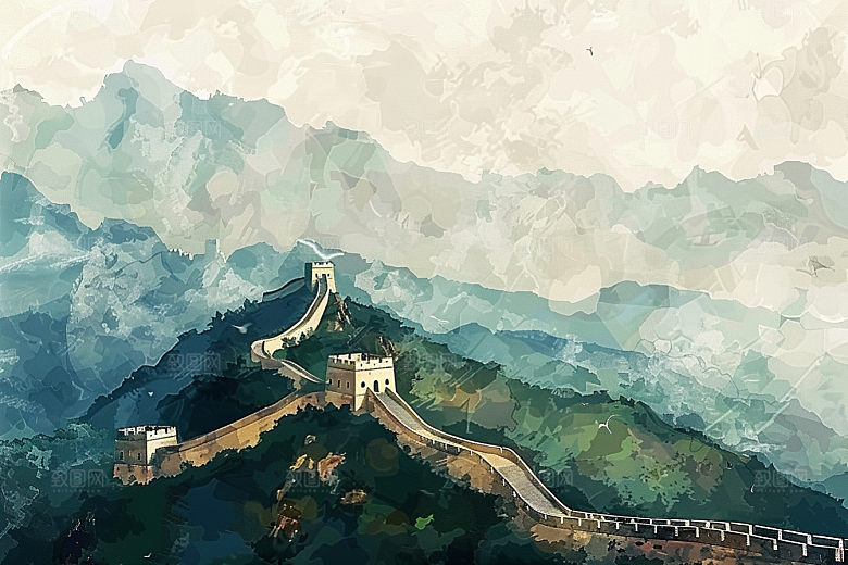 水墨长城风景中国风艺术插画
