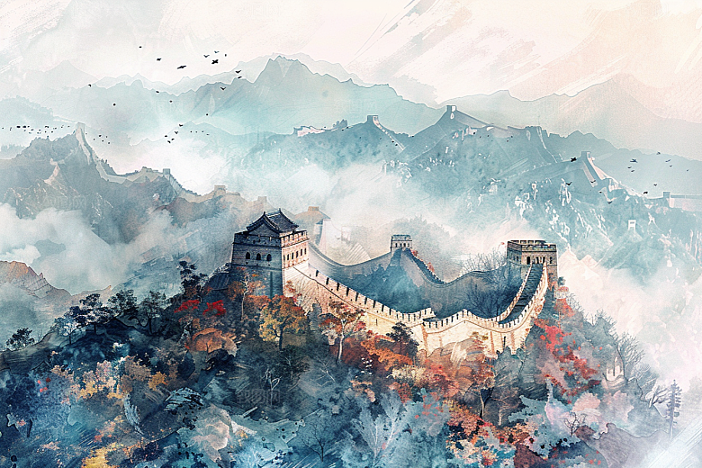 水墨长城风景壮阔艺术插画