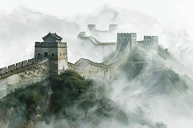 水墨长城传统景点艺术插画
