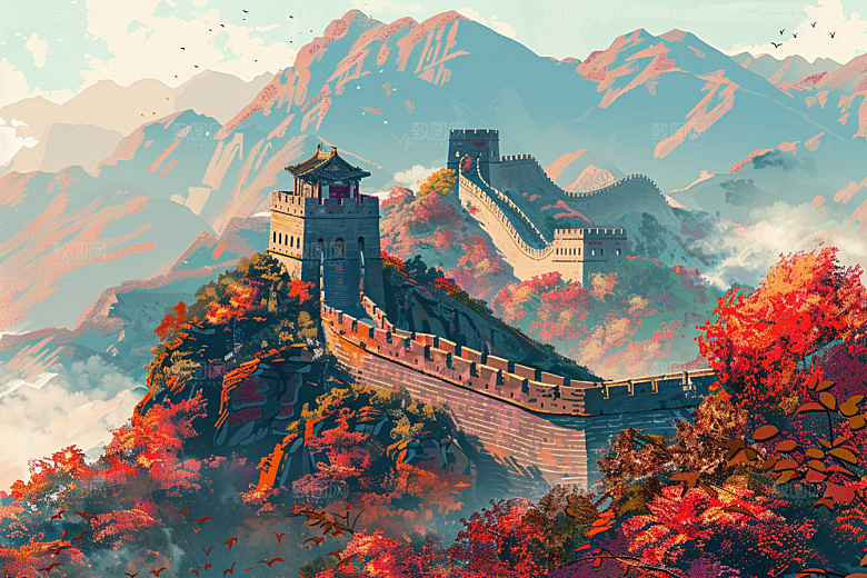 水墨长城传统风光艺术插画