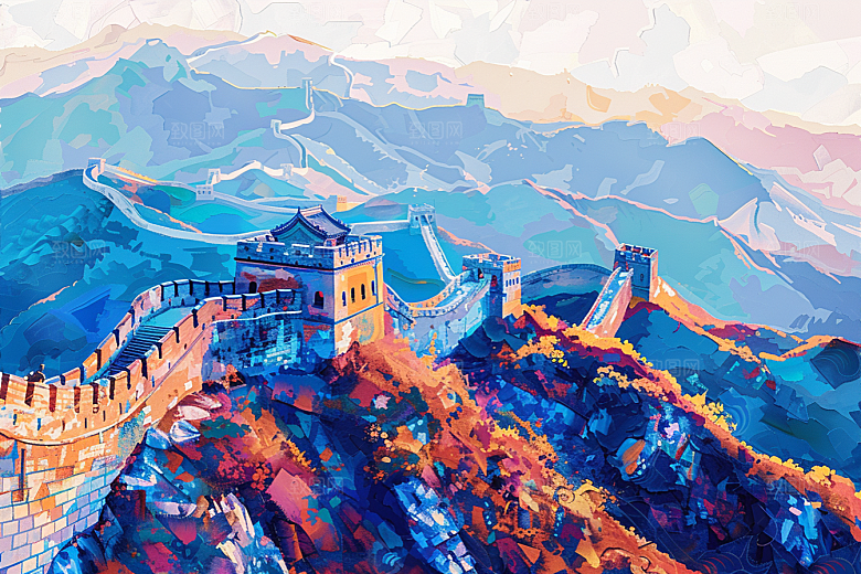 水墨长城风景渐变艺术插画
