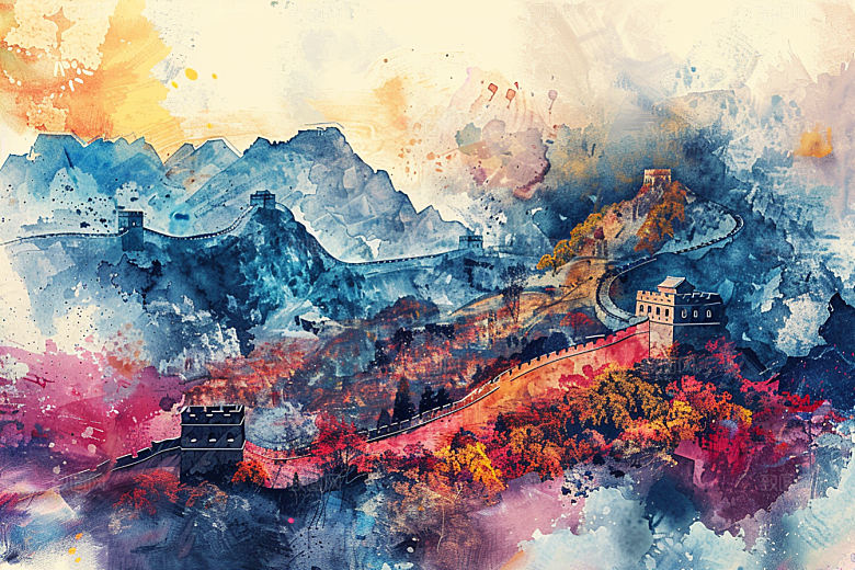 水墨长城壮阔渐变艺术插画