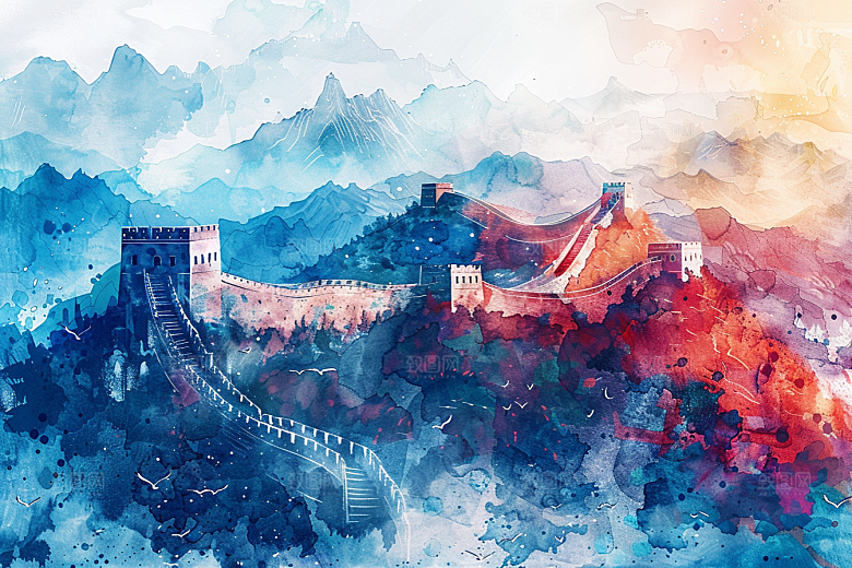 水墨长城景点高清艺术插画