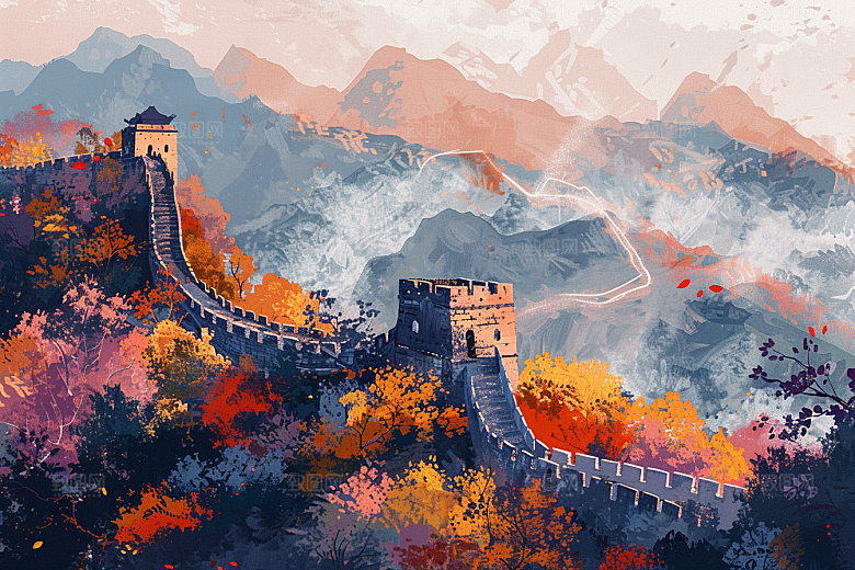 水墨长城风光水彩艺术插画