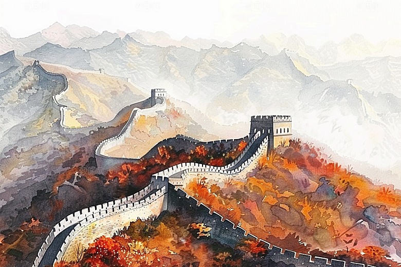 水墨长城中式传统艺术插画