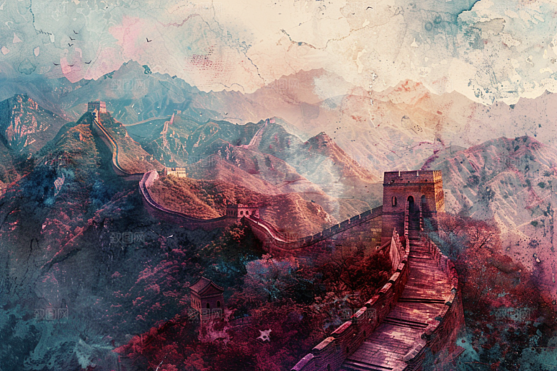 水墨长城传统中式艺术插画