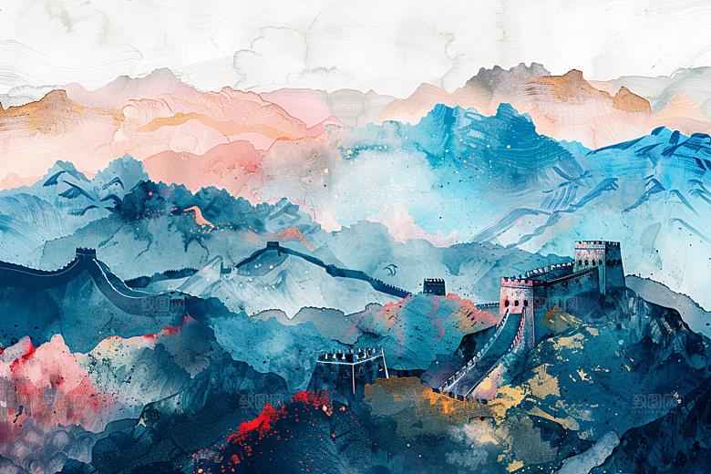 水墨长城中式八达岭艺术插画