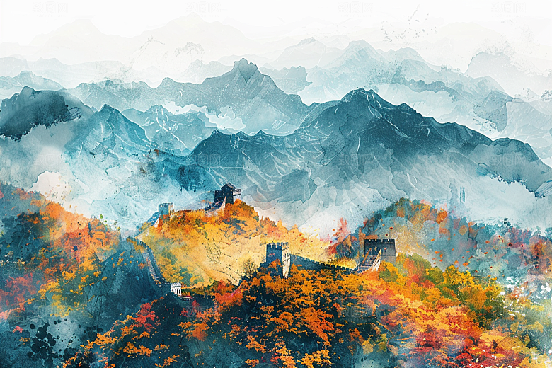 水墨长城晕染景点艺术插画