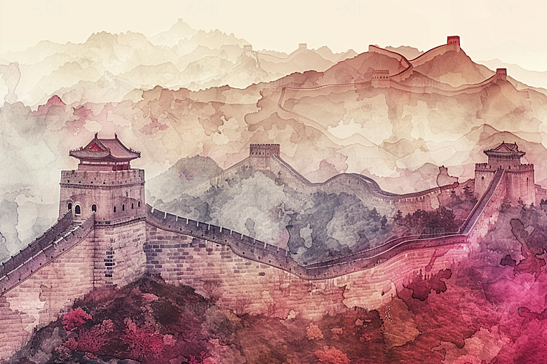 水墨长城景点渐变艺术插画