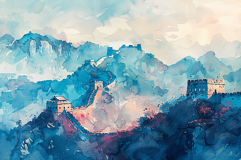 水墨长城景点风景艺术插画
