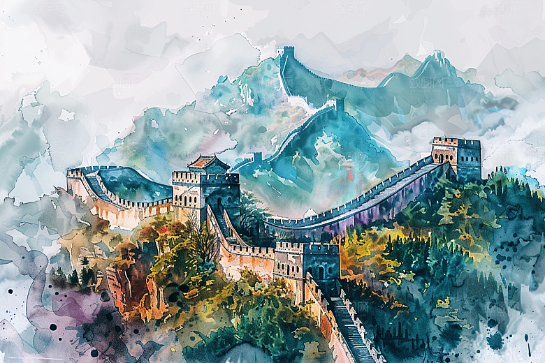 水墨长城景点传统艺术插画