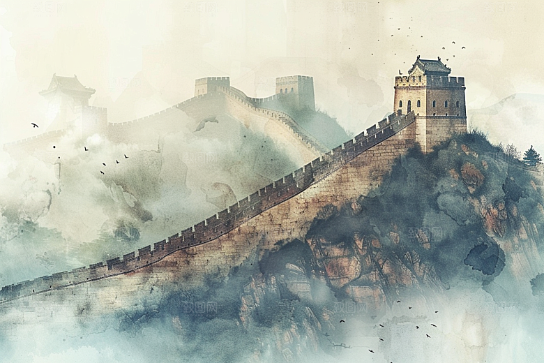 水墨长城传统水彩艺术插画