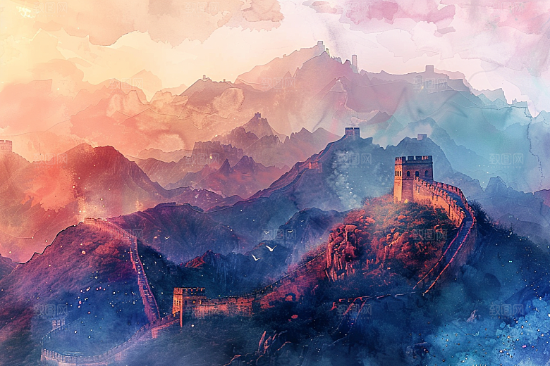 水墨长城风景水彩艺术插画