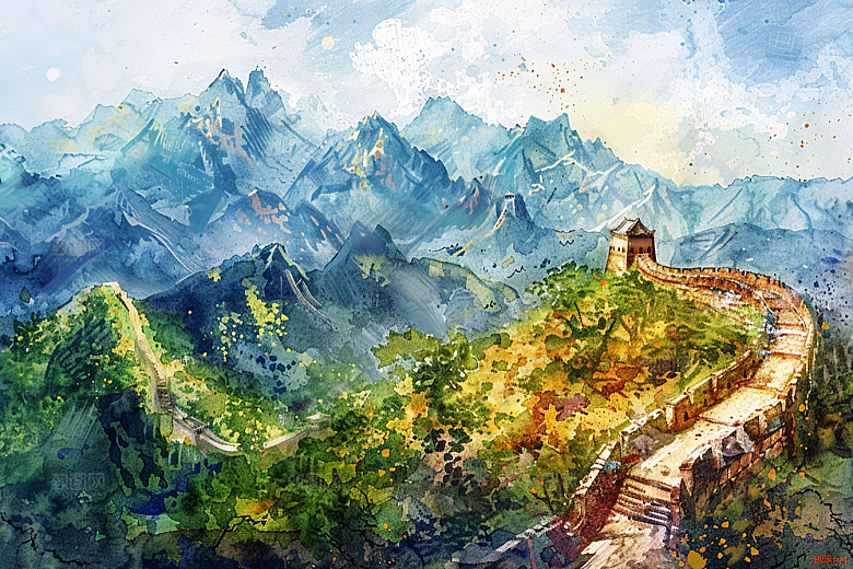 水墨长城水彩景点艺术插画