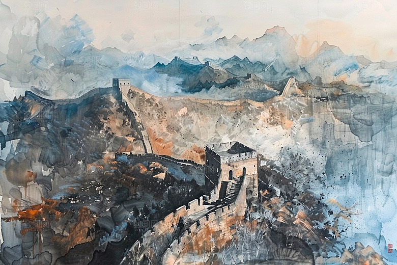 水墨长城中国风晕染艺术插画
