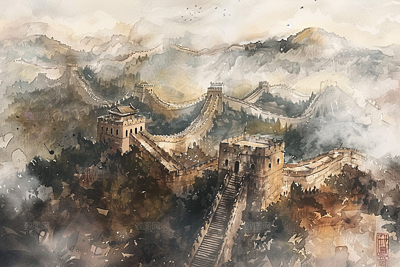 水墨长城高清水墨画艺术插画
