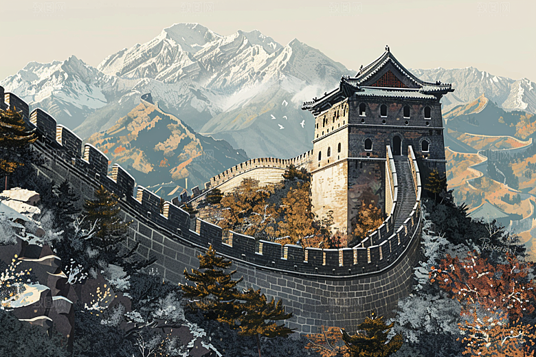 水墨长城壮阔高清艺术插画