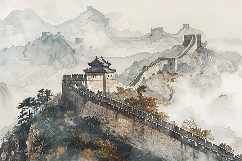 水墨长城风光晕染艺术插画