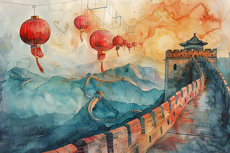 水墨长城风光景点艺术插画