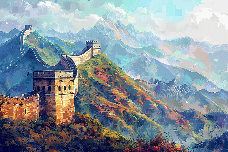 水墨长城水彩壮阔艺术插画