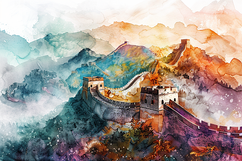 水墨长城风光高清艺术插画
