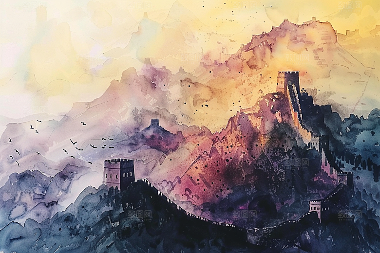 水墨长城渐变风景艺术插画