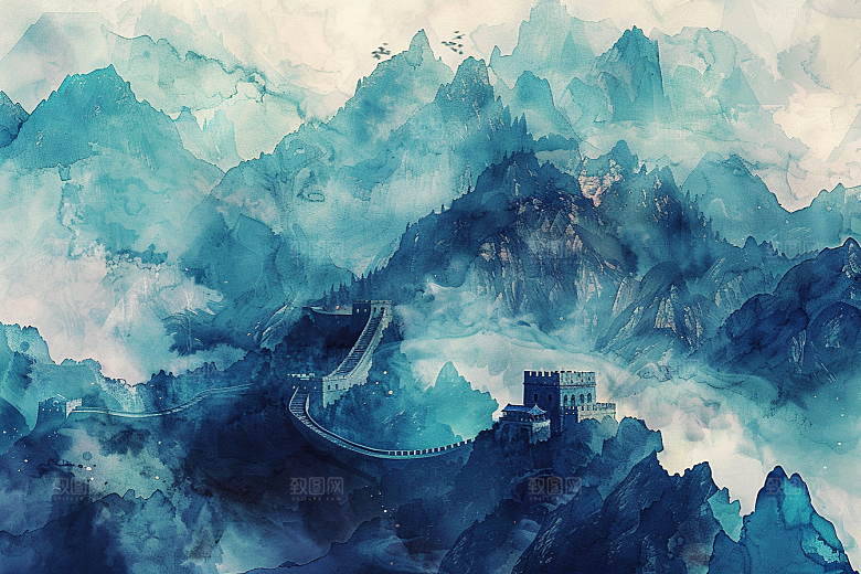 水墨长城壮阔八达岭艺术插画