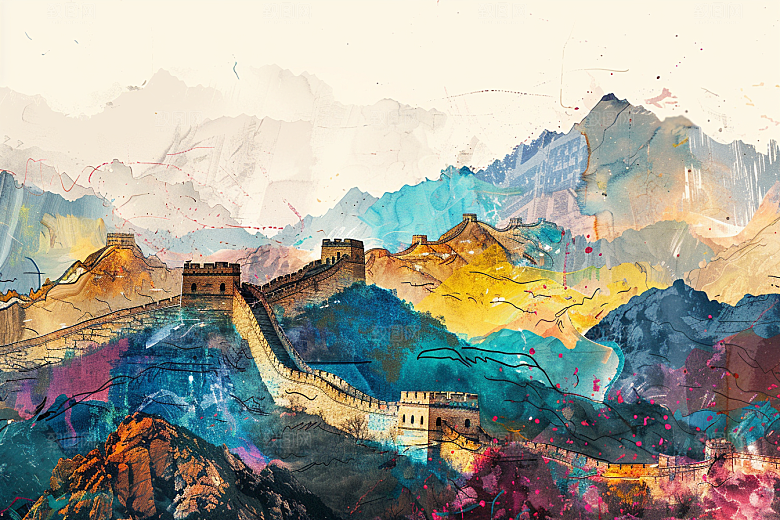水墨长城八达岭渐变艺术插画