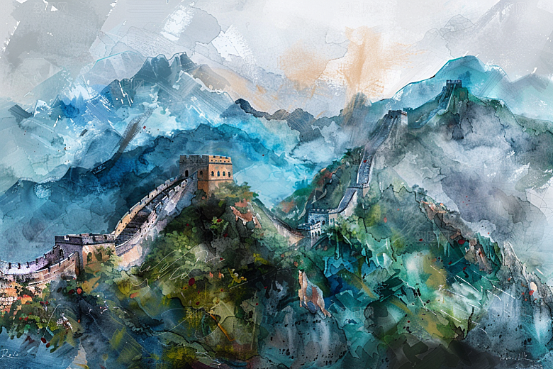 水墨长城景点晕染艺术插画