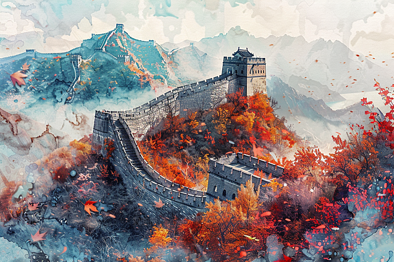 水墨长城壮阔景点艺术插画