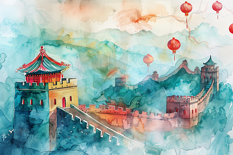 水墨长城壮阔景点艺术插画