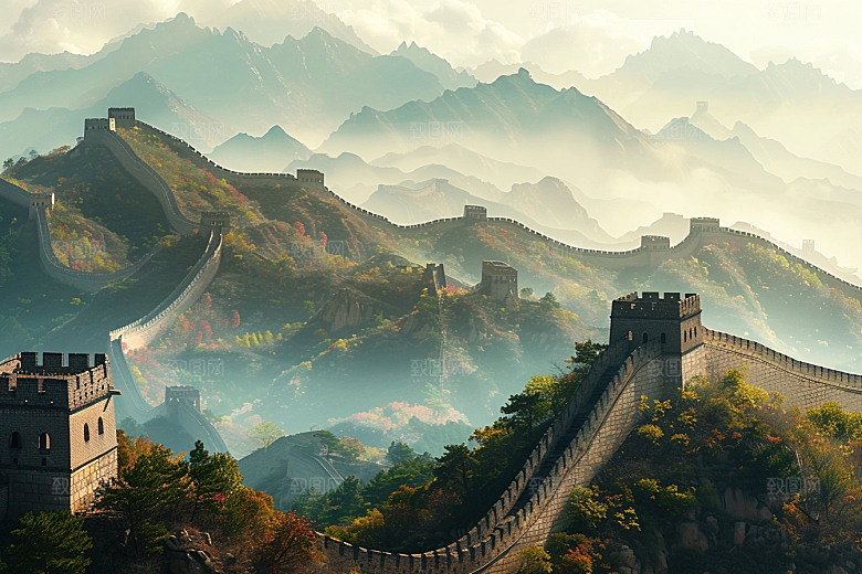 水墨长城景点中国风艺术插画