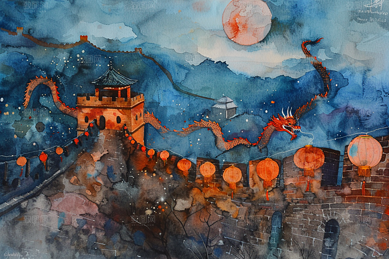 水墨长城晕染中式艺术插画
