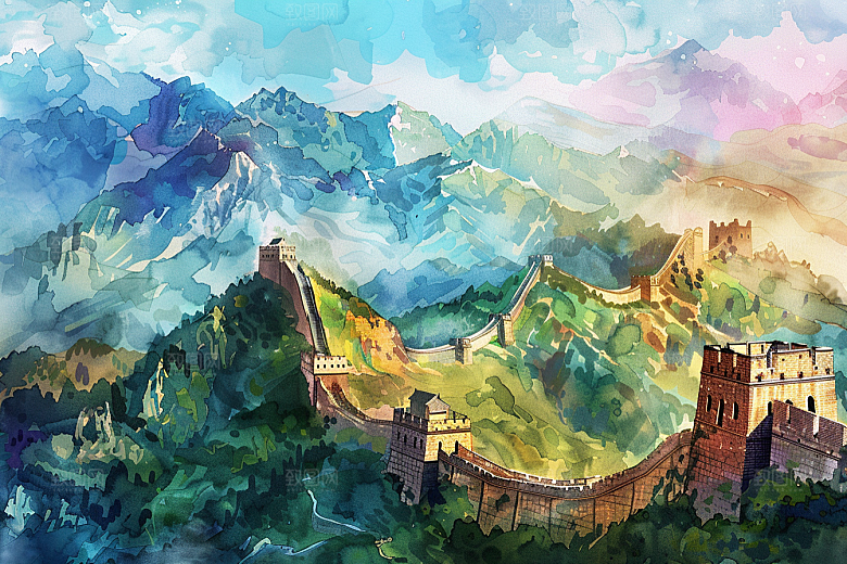 水墨长城景点壮阔艺术插画