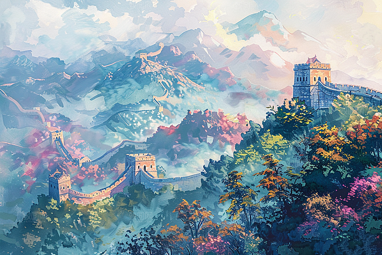 水墨长城壮阔水墨画艺术插画