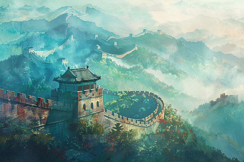 水墨长城水彩传统艺术插画