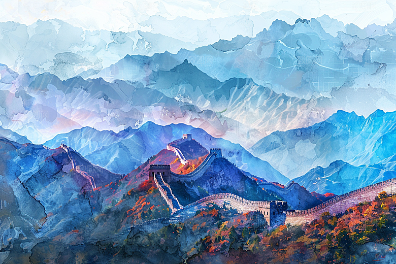 水墨长城水彩风景艺术插画