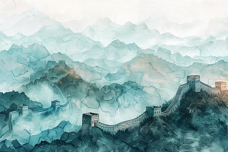 水墨长城中式八达岭艺术插画