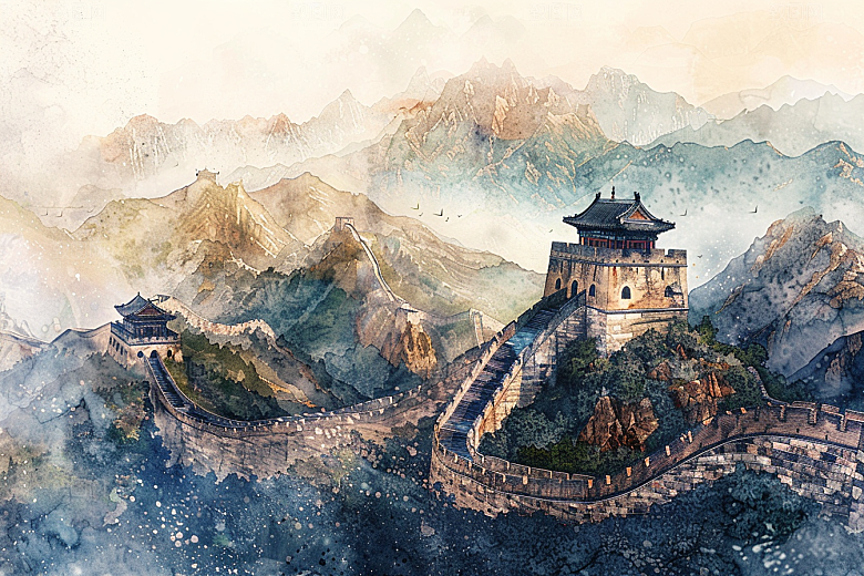 水墨长城渐变景点艺术插画